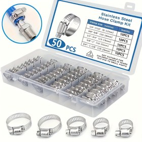 Resim 50 Adet Paslanmaz Çelik Hortum Kelepçesi Seti, 1/4" ila 1-1/8" T-Cıvata, Sonsuz Dişli Tasarımı, Sıhhi Tesisat ve Otomotiv için Güvenli Kelepçe, Metal, Halka Şeklinde, Endüstriyel ve Bilimsel Hidrolik, Pnömatik ve Su Borusu Aksesuarları 