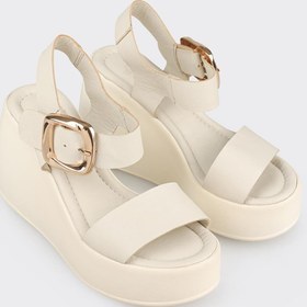 Resim Elle Shoes Ekru Deri Kadın Dolgu Topuk Sandalet 
