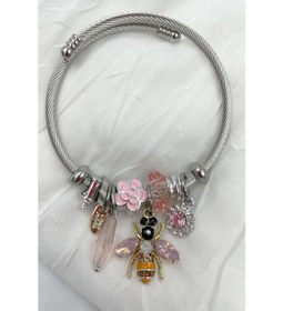 Resim Pembe Taşlı Arı Charm Çelik Pandora Model Bileklik 