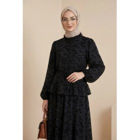 Resim Moda Morfo Yakası Fırfırlı Flok Baskı Astarlı Etekli Takım -Siyah 