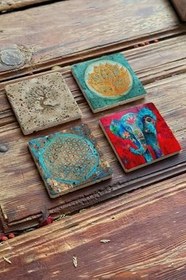 Resim Oscar Stone Decor Taş Bardak Altlığı Stone Coasters - 4Lü Set Fil Lotus Ve Yaşam Çiçeği Ba541 
