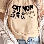 Resim Kedi Anne Kadınlar İçin Günlük Kısa Kollu Tişört - Sevimli Karikatür Kedi & Pati Baskı, Çizgili ve Puantiyeli Desen, Yuvarlak Yaka, Yarı Şeffaf Kumaş, Makinede Yıkanabilir, Normal Kesim, Rahat Giysi, Eğlenceli Baskılı Üst, Orta Esneklik 