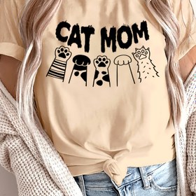 Resim Kedi Anne Kadınlar İçin Günlük Kısa Kollu Tişört - Sevimli Karikatür Kedi & Pati Baskı, Çizgili ve Puantiyeli Desen, Yuvarlak Yaka, Yarı Şeffaf Kumaş, Makinede Yıkanabilir, Normal Kesim, Rahat Giysi, Eğlenceli Baskılı Üst, Orta Esneklik 