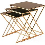 Resim Dikdörtgen Cam X Zigon Sehpa 3 Lü Gold Ayaklı Bronz Cam 