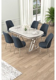 Resim Canisa Lai Serisi 90x168 Lak Panel Beyaz Mermer Desen Krom Ayak Masa Takımı 6 Antrasit Sandalye Beyaz Mermer Desen Masa Sandalyeler Antrasit 