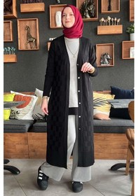 Resim Rabia Şamlı Dama Desenli Siyah Triko Hırka Çok Renkli 