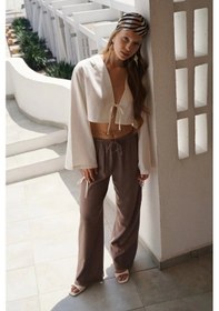 Resim Defymoda İnce Kemerli Bağcık Detay Pantolon Kahverengi 