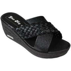 Resim Yazkış Kadın Siyah Çapraz Bantlı Örgü 7cm Dolgu Topuk Terlik Siyah 