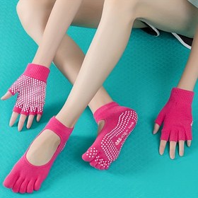 Resim Yoga Seti: Kaymaz Fitness Egzersiz Kadın Yoga Çorapları, Beş Parmaklı Yoga Çorapları ve Eldivenleri 