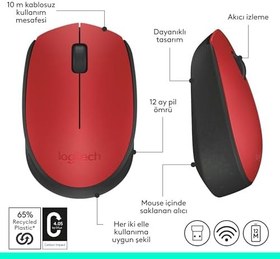 Resim Logitech M171 Kablosuz Mouse, PC, Mac, Dizüstü Bilgisayar için, 2,4 GHz, USB Mini Alıcılı, Optik İzleme, 12 Aylık Pil Ömrü, Sağ ve Sol Elle Kullanıma Uygun, Kırmızı 