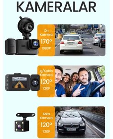 Resim 3 Kameralı Wifi Ekran Araç Kamerası Fullhd Geniş Ön + Arka + Araç İçi Kamera Hareket Sensörü Ef1313 