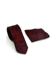 Resim Gaffy Siyah Şal Desenli Kırmızı Dokuma Kumaş Mendilli Slim Fit Kravat // Sdk-2607-4 Kırmızı 