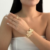 Resim 2 adet Kadınlar için Zarif Lüks Çiçek Bileklik ve Yüzük Seti - Altın Tonlu Demir ile Gül Altın Detayları, Günlük Giyim veya Hediye için Mükemmel, Günlük Giyim Takıları | Çiçek Bileklik | KC Altın Kaplama 