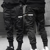 Resim Erkek Casual Kargo Pantolonu Çoklu Cep ile - Elastik Bel, Normal Fit Outdoor & Casual Attire, Düz Siyah, Bahar/Sonbahar Pantolonu, Bahar Sonbahar Attire, Fonksiyonel Cep 