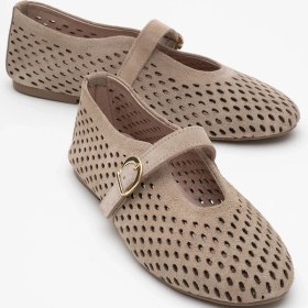 Resim Arian Bej Süet Hakiki Der Delikli Kadın Babet Ayakkabı Bej Süet 