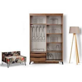 Resim Pasifichome Huga Sürgülü Gardırop Ceviz 120Cm / 2 Kapaklı Çekmeceli Dolap 