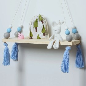 Resim Orijinaldükkan Dekoratif Mavi Püsküllü Toplu Çocuk Odası Ahşap Duvar Rafı 