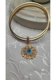 Resim Kenarları Taşlı Yıldız Mavi Göz Charmlı 3lü Gold Çelik Ajda Bilezik 