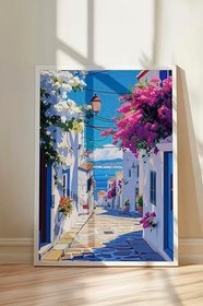 Resim Zestia Beyaz Çerçeveli Tablo, Yunan Adası Sokak Manzarası, Balkon Dekoru Poster No: 111245 15 x 21 
