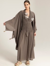 Resim Püsküllü Kimono - Vizon / Std 