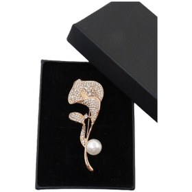 Resim Gala Çiçeği Broş. Taşlı Tasarım Broş, Incili Broş. Yaka Iğnesi Broş. Kadın Broş. Broş Gold 