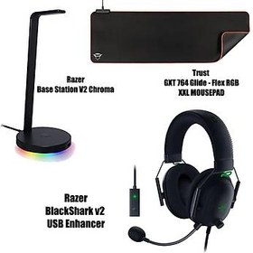 Resim Razer BlackShark v2 USB Enhancer + Trust GXT 764 Glide - Flex RGB XXL Mousepad + Razer Base Station V2 Chroma 
