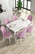 Resim Canisa Rio Serisi 80x132 Açılabilir Mdf Mutfak Masası Takımı Beyaz Mermer Desen Masa 6 Pembe Sandalye 