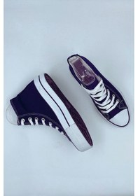 Resim SkyStride Kalın Tabanlı Lacivert Boğazlı Uzun Keten Spor Ayakkabı Lacivert 