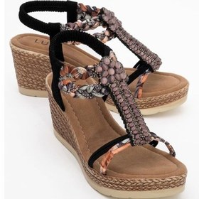 Resim Luvishoes Luvi Shoes Sogno Siyah Taşlı Kadın Dolgu Topuklu Sandalet Siyah 