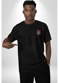 Resim Kırmızı Şapka Maymun Siyah Oversize Unisex Ön Sol Yan Minimal Baskılı Tişört Koyu Siyah 