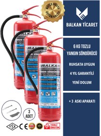 Resim Balkan Ticaret 3 Adet 6 Kg Tozlu Yangın Tüpü + askı aparatı hediyeli - uyarı levhası ile dikkat çeker 