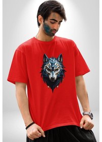 Resim Mavi Kurt Robot Pamuklu Bisiklet Yaka Unisex Oversize Boyfriend Dijital Baskılı Kırmızı T-shirt Kırmızı 