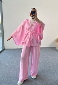 Resim Kimono Kesim Kuşaklı ve Taş Detaylı Takım 5212 - Pembe - Pembe / S-M 