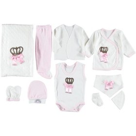 Resim Taç Aplikeli Triko Battaniyeli 10'lu Zıbın Seti Pembe 