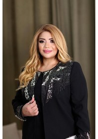 Resim Lady Sharm Krep Kumaş Üzeri Kristal Taş Detaylı Büyük Beden Elbise Siyah 