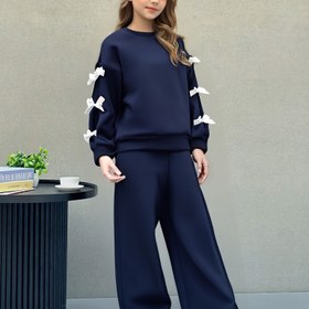 Resim Kızlar İçin İki Parçalı Takım: Moda Düz Renk Yuvarlak Yaka Fiyonk Detaylı Uzun Kollu Polar Astarlı Sweatshirt + Geniş Kesim Ayak Bileği Boyu Polar Astarlı Pantolon Sonbahar/Kış Günlük Kıyafet, Dış Mekan Kullanımı İçin İdeal 