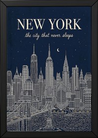 Resim New York Line Art Print - Navy Manhattan Skyline Empire State Brooklyn Bridge Wall Art - Wooden Frame - White / 16 x 20" (40x50 cm) 