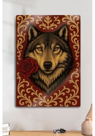 Resim Metal Levha Üzerine Parlak Baskı - Mitolojik Türk Kurt Tablosu, Gül Temalı 