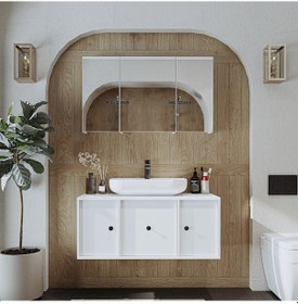 Resim Lavabolu Mat Mdf 105 Cm Çekmeceli Banyo Dolabı + Aynalı Dolap Mat Beyaz 