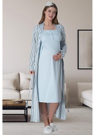 Resim Mecit Pijama Mecit 6006 Mavi Çizgili Uzun Sabahlıklı Lohusa Gecelik Takım 