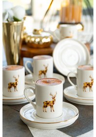 Resim Heda Porselen Geyik 12 Parça 6 Kişilik Porselen Kahve Fincan Takımı Kırık Beyaz 