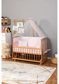 Resim Ahşap Beşik Anne Yanı Beşik Vernikli 60x120 - Pembe Yıldız Tek Yastık Uyku Seti + Yatak Ahşap 