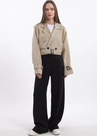 Resim Oversize Kısa Kruvaze Kesim Kemerli Trençkot 7701 - Bej - Bej / L 
