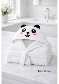 Resim Sevimli Panda Nakışlı Beyaz Pamuklu Kapşonlu Çocuk Bornozu Renkli 
