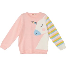 Resim Denokids Kız Çocuk Pembe Triko Kazak Bisiklet Yaka Unicorn Desenli Günlük Stil 