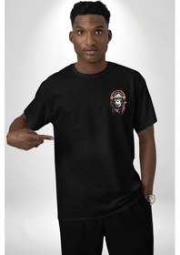 Resim Kulaklık Maymun Müzik Dinliyor Siyah Oversize Unisex Ön Sol Yan Minimal Baskılı Tişört Koyu Siyah 