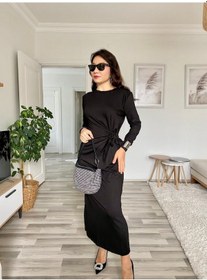 Resim Stilaura Kadın Uzun Kollu Bisiklet Yaka Belden Çapraz Bağlamalı Yandan Yırtmaçlı Uzun Viskon Iki Iplik Elbise Siyah 