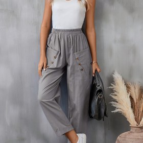 Resim Kadınlar için Rahat Yüksek Bel Düğmeli Elastik Beli Haremi Pantolon, Hafif Polyester, Gri, Gevşek Kalıp, Yaz Stili, Makinede Yıkanabilir, Çok Yönlü Moda Pantolonu | Yüksek Bel Haremi Pantolon | Polyester Pantolon 