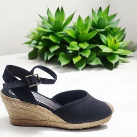 Resim Dolgu Topuk Arkası Açık Hasırlı Keten Sandalet Siyah 