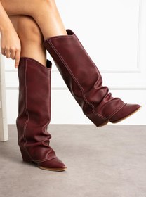 Resim ShoeTek Leire Kadın Çizme Kovboy Körüklü Mat Bordo Deri 